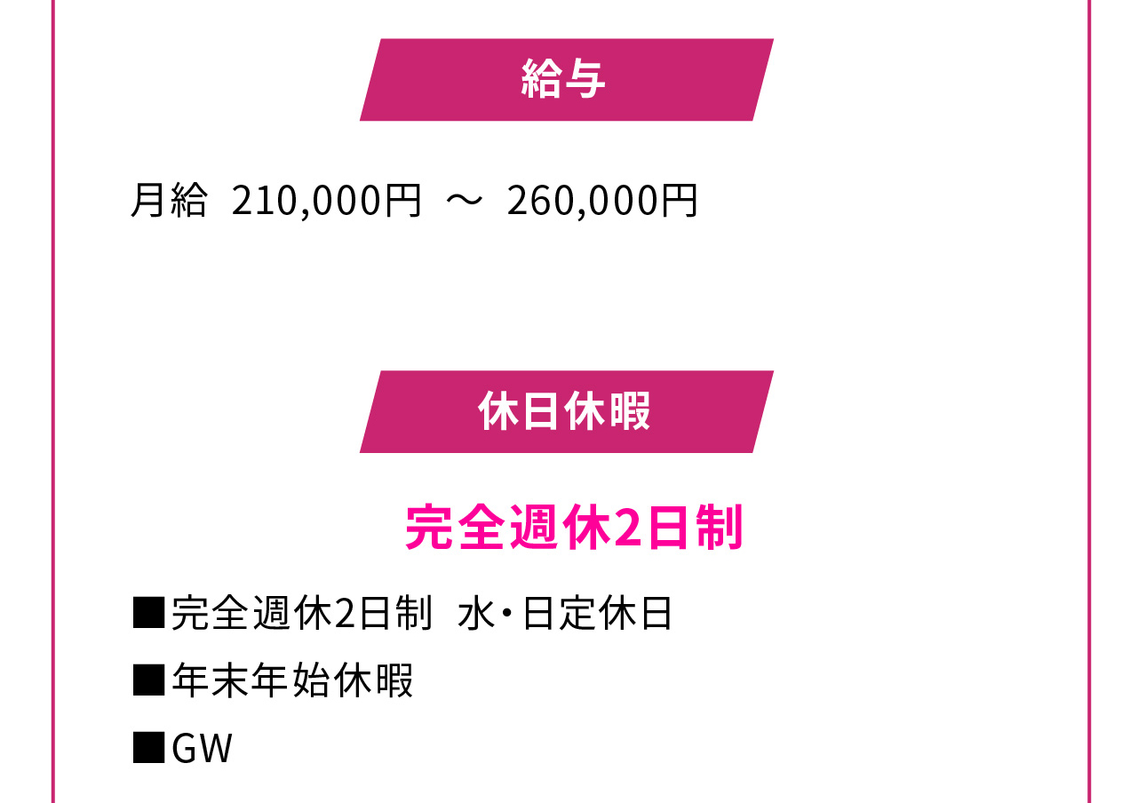 給与 月給 210,000円 ～ 260,000円 
休日休暇 完全週休2日制
■完全週休2日制 水・日定休日
■年末年始休暇
■GW